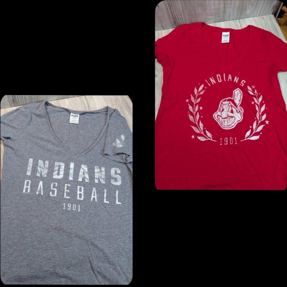 PINK Victoria's Secret (2) Cleveland Indians Chief Wahoo V Neck T-Shirts Large